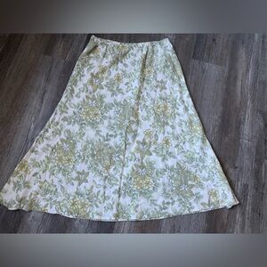 VTG JM COLLECTION 100% Linen Floral Green Yellow White A Line Skirt Size L 12